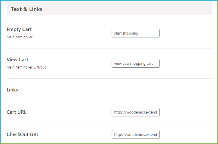 Cart texts and links tab